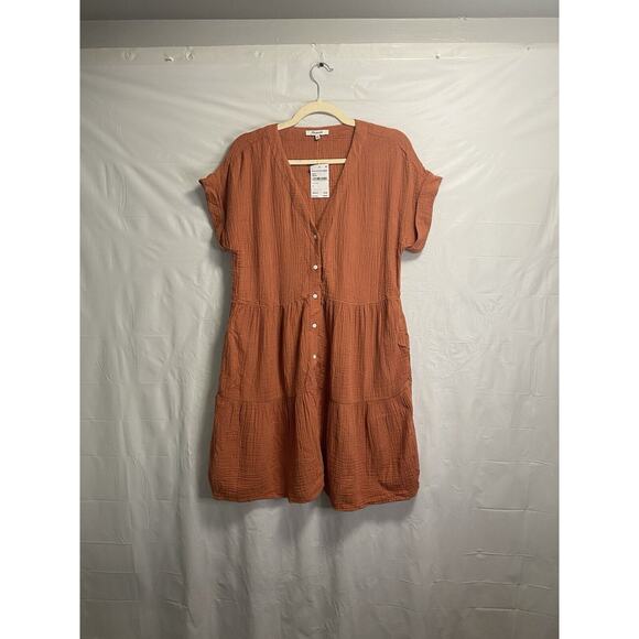 New Madewell Lightspun Cuff Sleeve Button Front Tiered Mini Dress Orange Size XS - Picture 2 of 5